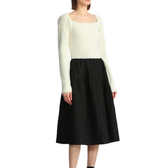 B+AB Contrast Panelled Midi Dress Ivory Cream Black {3E15}